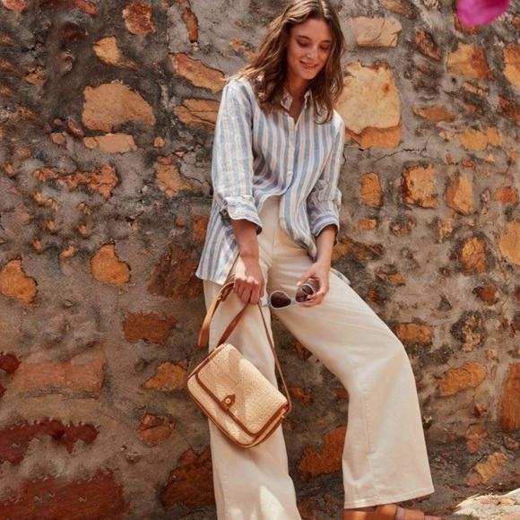 Boden Relaxed Linen Button Down Shirt Porcelain Blue Sparkle Stripe 14R - Picture 5 of 16